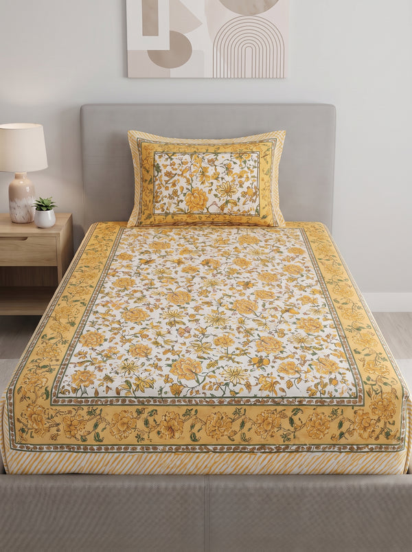 Heritage 144 TC 100% Cotton Single Size Jaipuri Bedsheet (90 x 60 Inches) | Lemon Yellow
