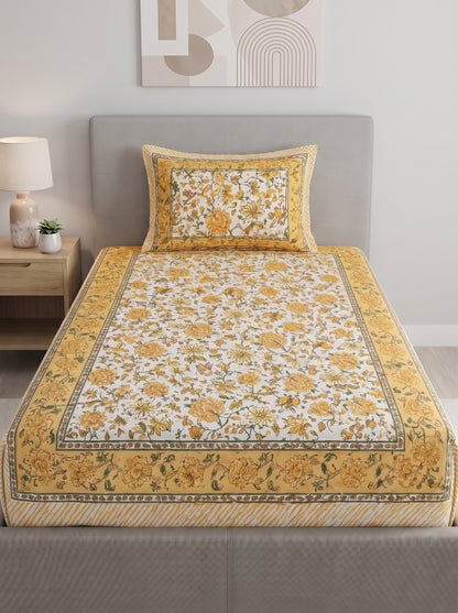 Heritage 144 TC 100% Cotton Single Size Jaipuri Bedsheet (90 x 60 Inches) | Lemon Yellow