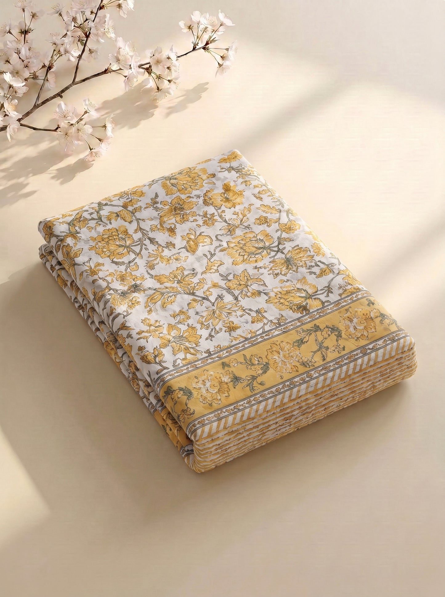 Heritage 144 TC 100% Cotton Single Size Jaipuri Bedsheet (90 x 60 Inches) | Lemon Yellow