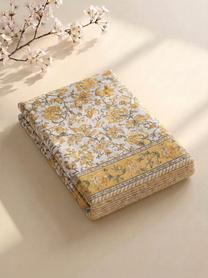 Heritage 144 TC 100% Cotton Single Size Jaipuri Bedsheet (90 x 60 Inches) | Lemon Yellow