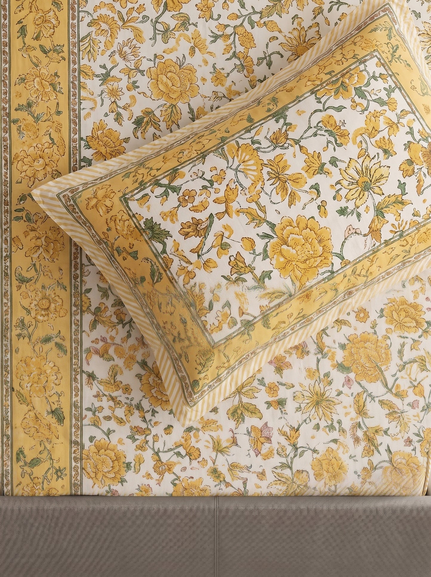 Heritage 144 TC 100% Cotton Single Size Jaipuri Bedsheet (90 x 60 Inches) | Lemon Yellow
