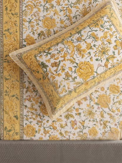 Heritage 144 TC 100% Cotton Single Size Jaipuri Bedsheet (90 x 60 Inches) | Lemon Yellow
