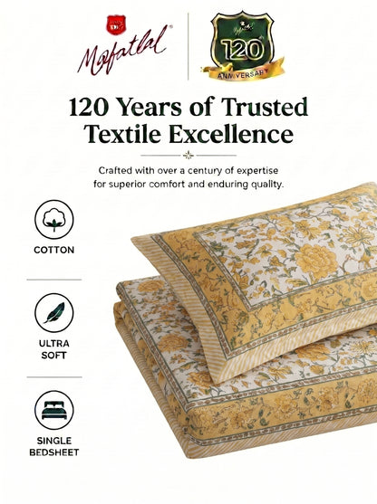 Heritage 144 TC 100% Cotton Single Size Jaipuri Bedsheet (90 x 60 Inches) | Lemon Yellow