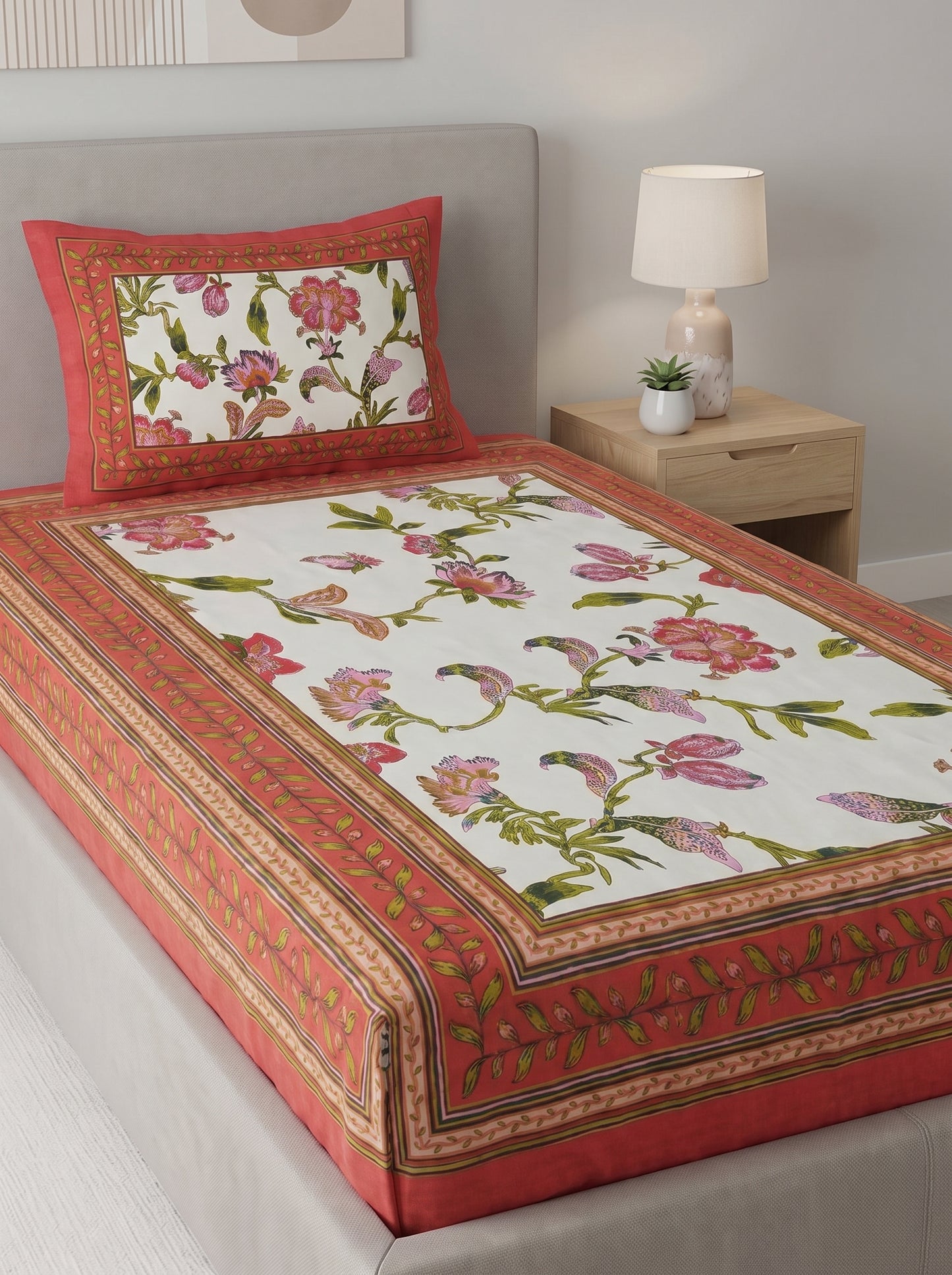 Heritage 144 TC 100% Cotton Single Size Jaipuri Printed Bedsheet (90 x 60 Inches) | Red