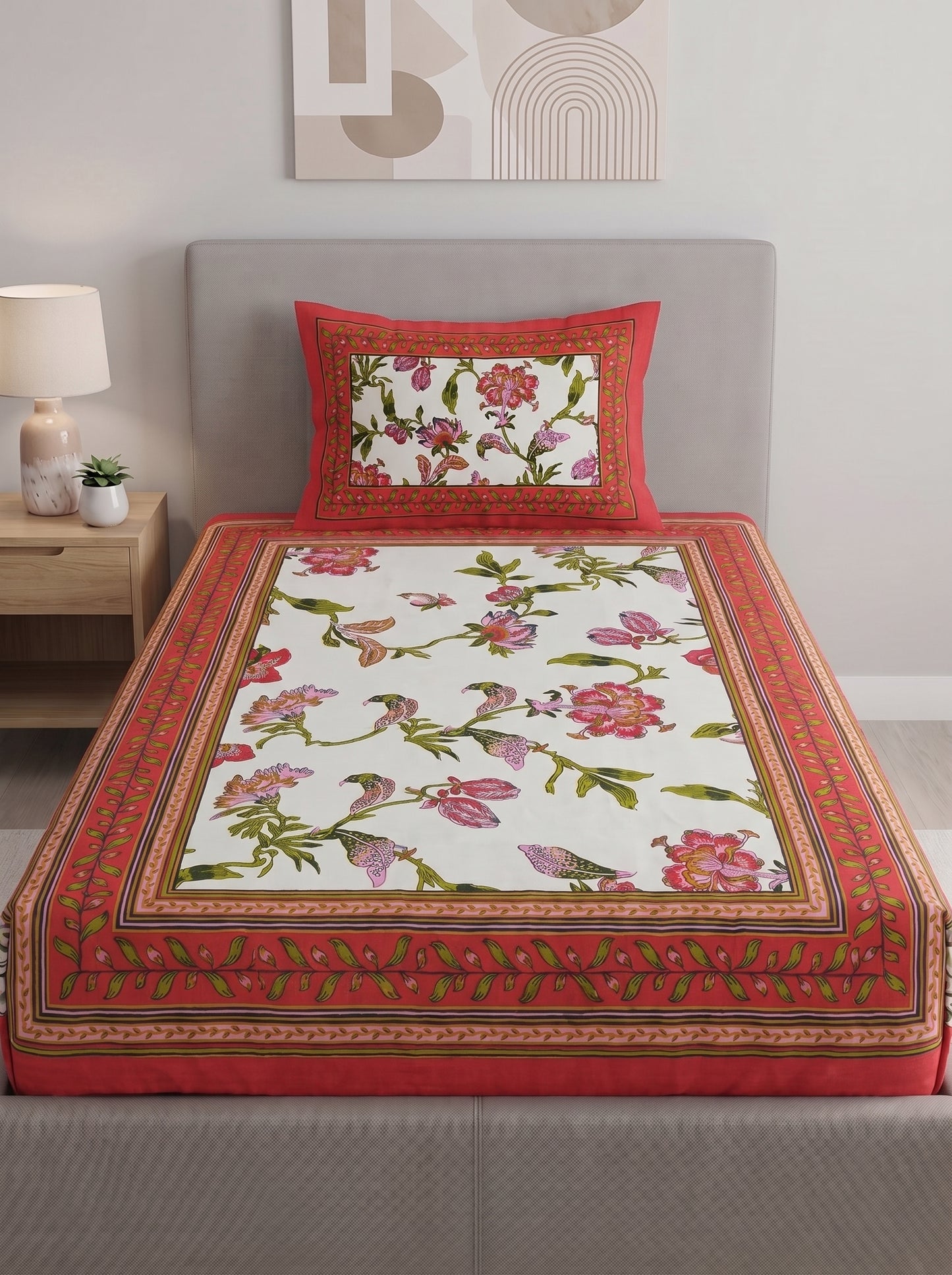 Heritage 144 TC 100% Cotton Single Size Jaipuri Printed Bedsheet (90 x 60 Inches) | Red