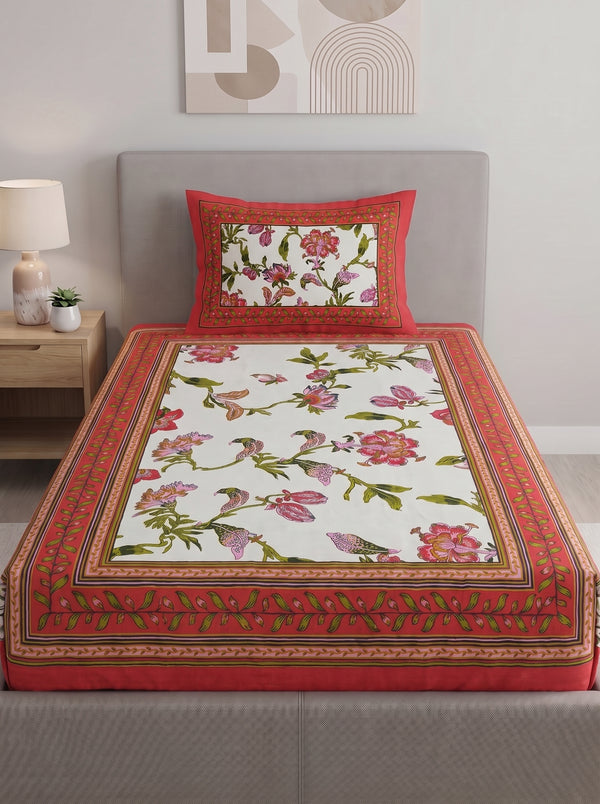 Heritage 144 TC 100% Cotton Single Size Jaipuri Printed Bedsheet (90 x 60 Inches) | Red