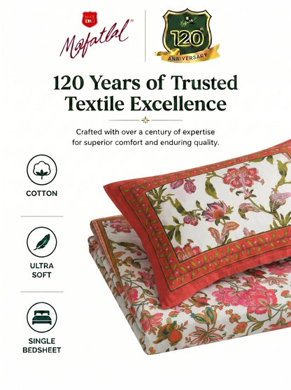 Heritage 144 TC 100% Cotton Single Size Jaipuri Printed Bedsheet (90 x 60 Inches) | Red