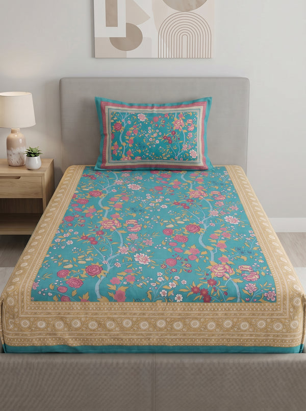 Heritage 144 TC 100% Cotton Single Size Bedsheet (90 x 60 Inches) | Navy Blue