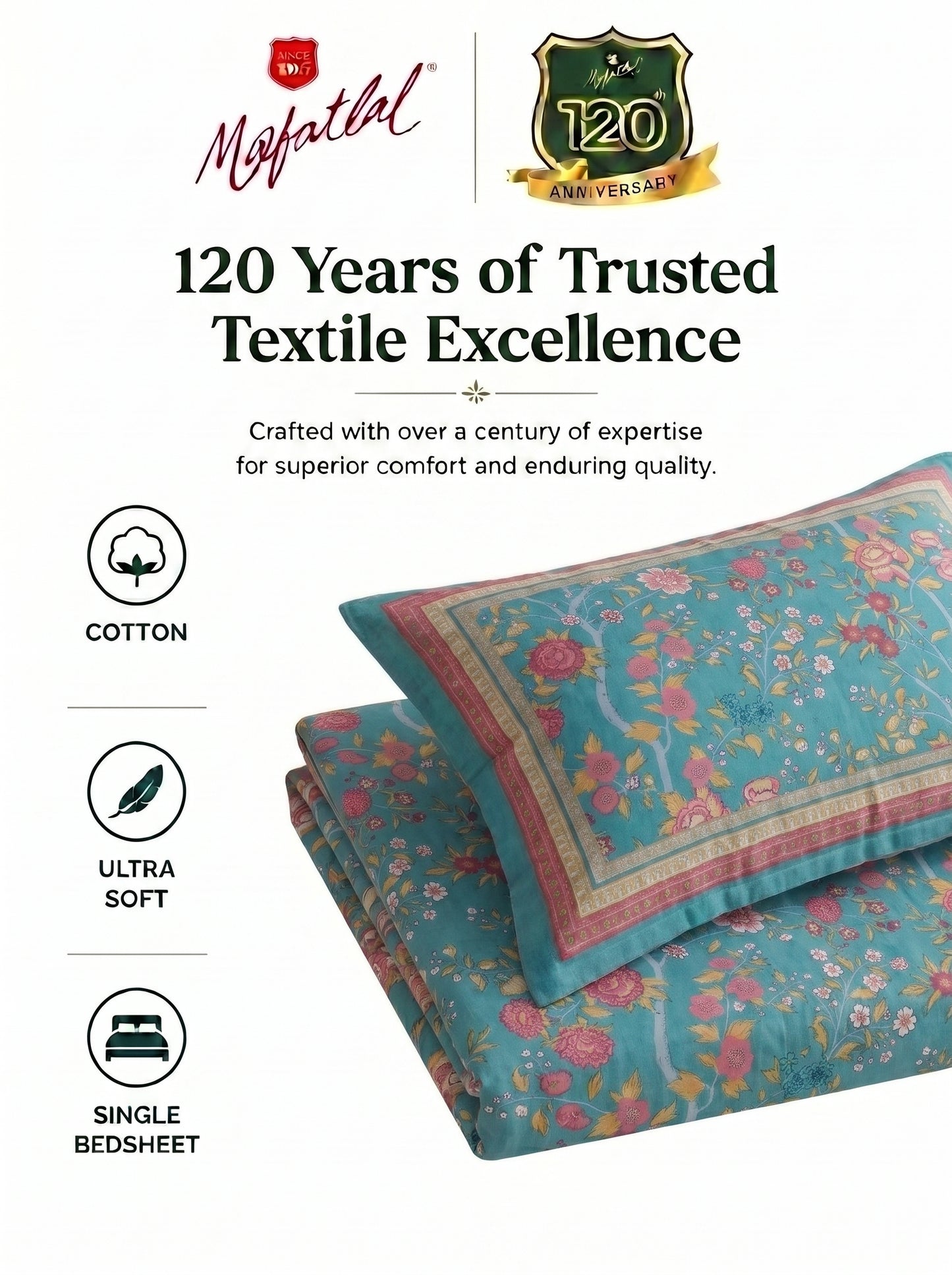 Heritage 144 TC 100% Cotton Single Size Bedsheet (90 x 60 Inches) | Navy Blue
