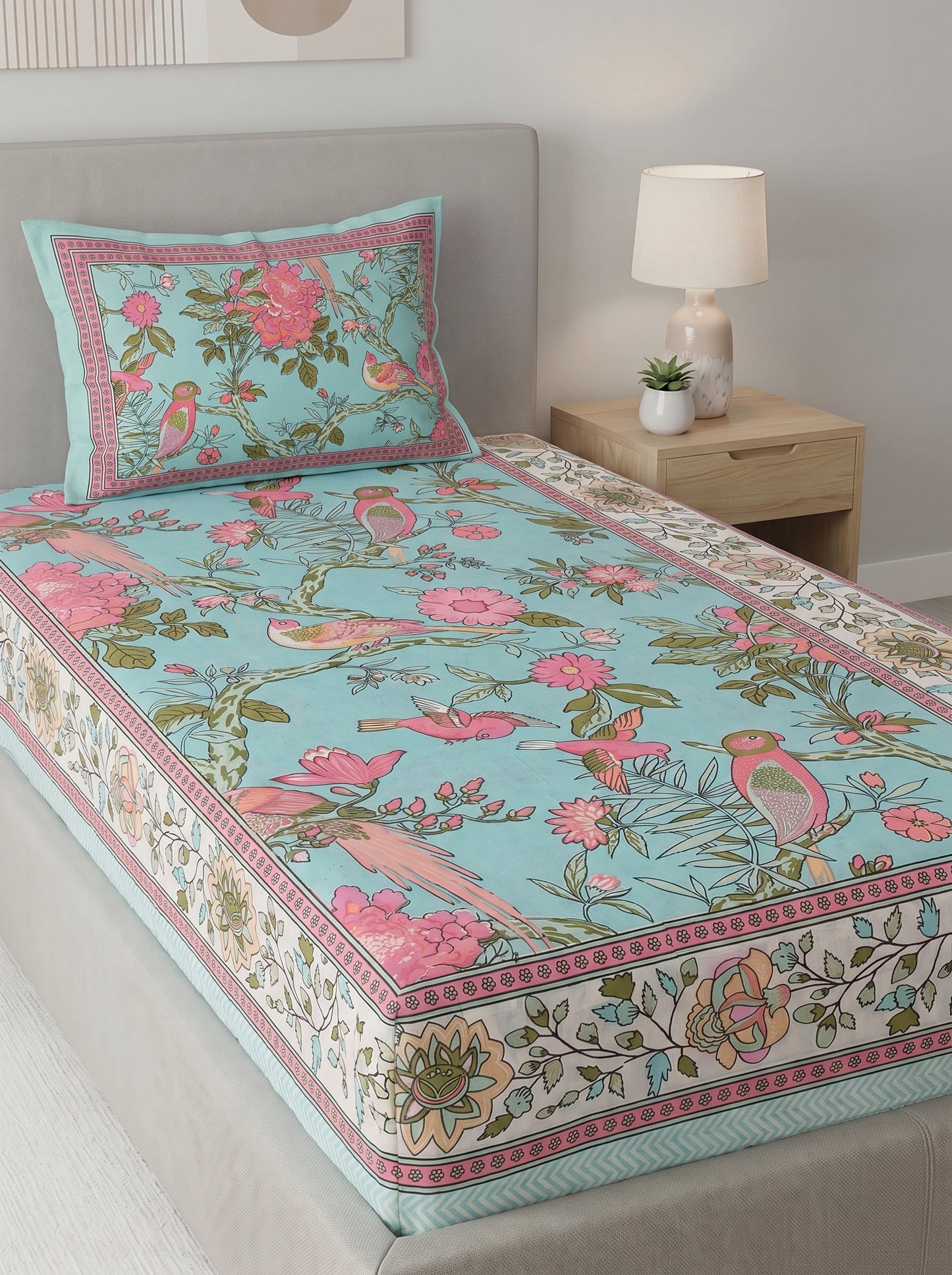 Heritage 144 TC 100% Cotton Single Size Jaipuri Bedsheet (90 x 60 Inches) | Teal Blue