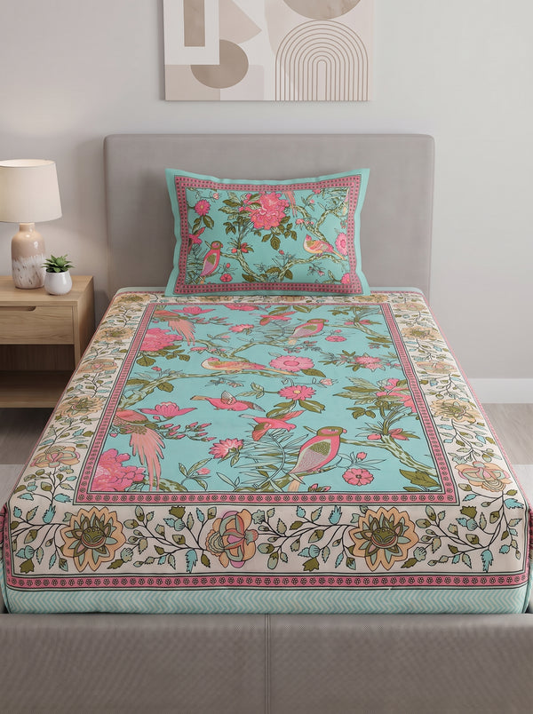 Heritage 144 TC 100% Cotton Single Size Jaipuri Bedsheet (90 x 60 Inches) | Teal Blue