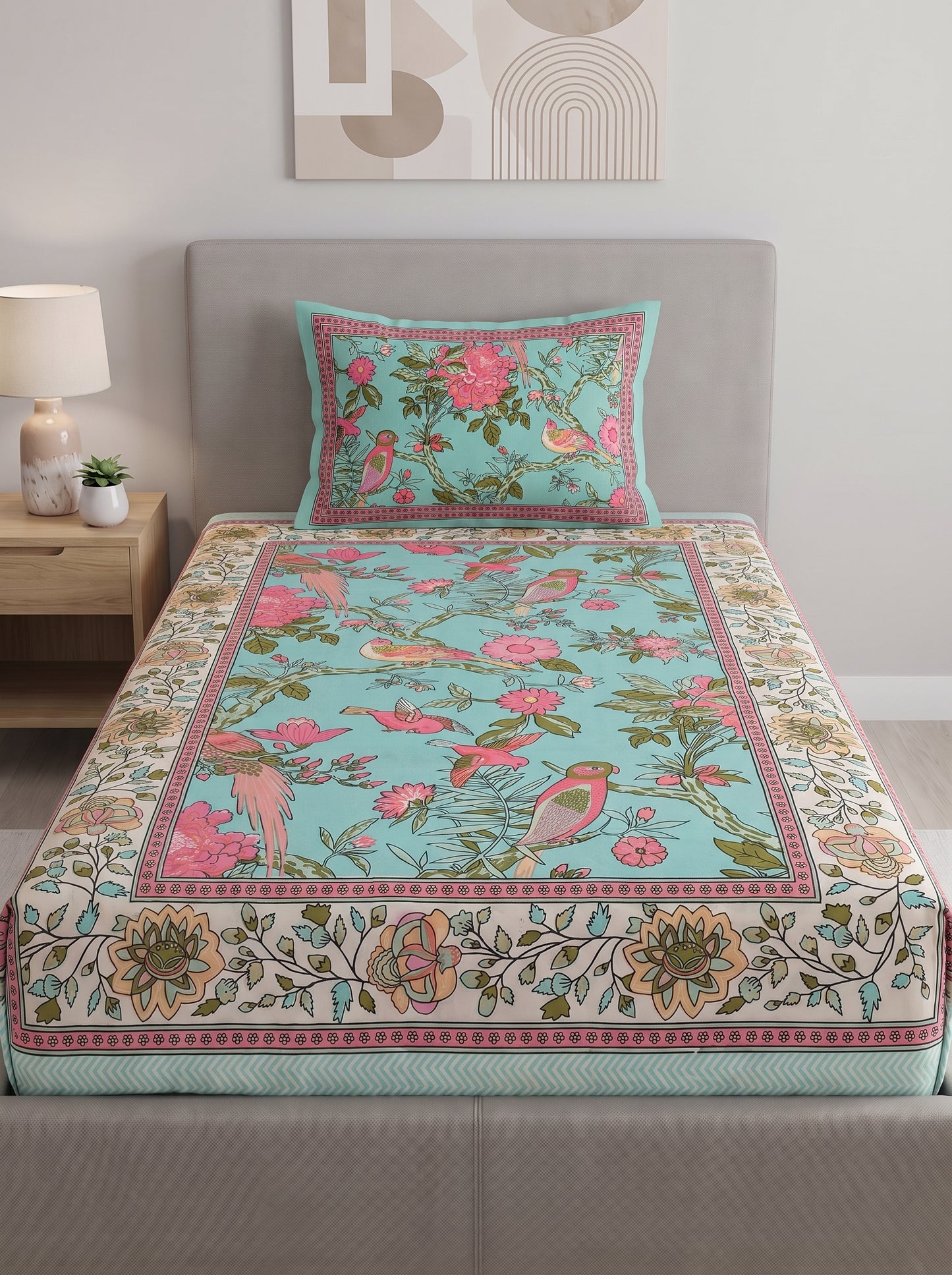 Heritage 144 TC 100% Cotton Single Size Jaipuri Bedsheet (90 x 60 Inches) | Teal Blue