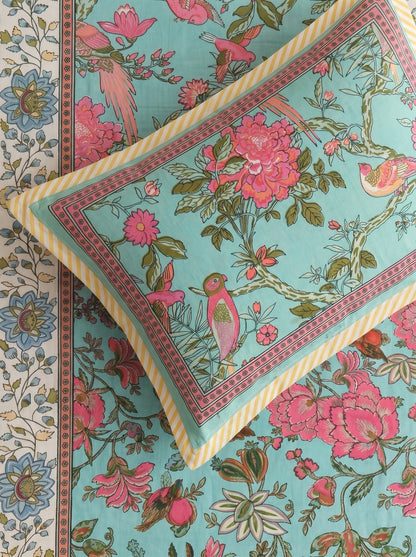 Heritage 144 TC 100% Cotton Single Size Jaipuri Bedsheet (90 x 60 Inches) | Teal Blue