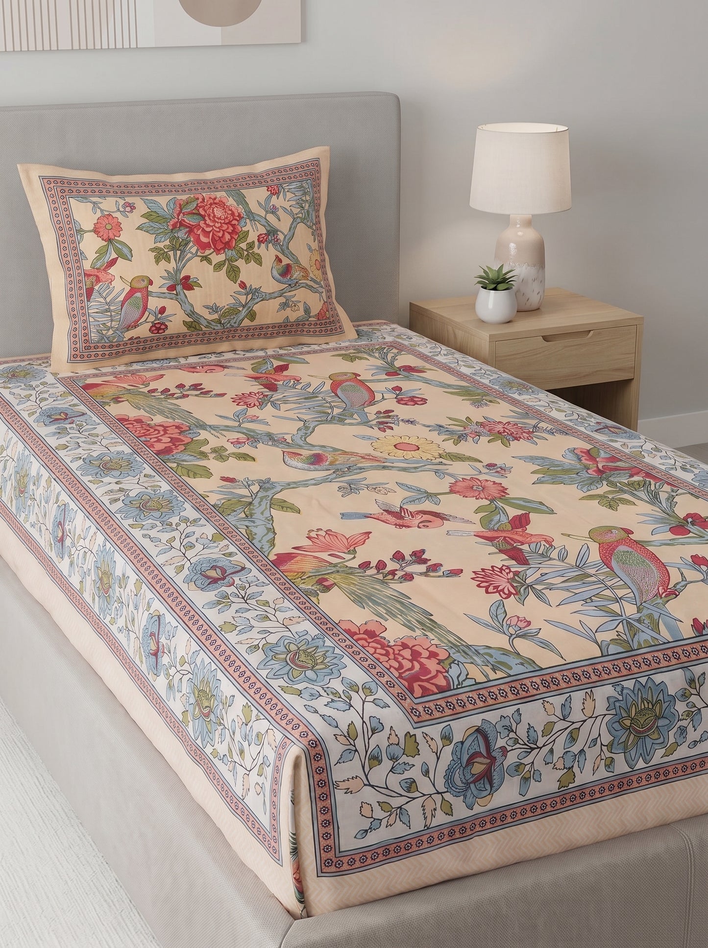 Heritage 144 TC 100% Cotton Single Size Floral Bedsheet (90 x 60 Inches) | Beige