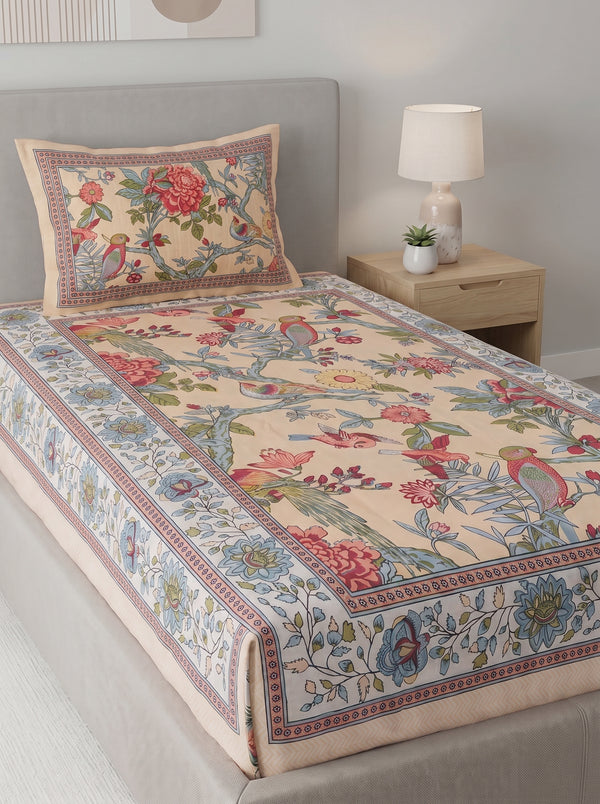 Heritage 144 TC 100% Cotton Single Size Floral Bedsheet (90 x 60 Inches) | Beige