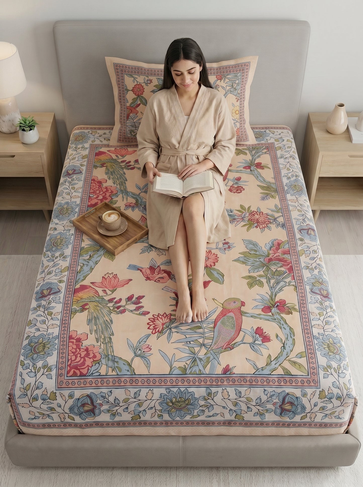 Heritage 144 TC 100% Cotton Single Size Floral Bedsheet (90 x 60 Inches) | Beige