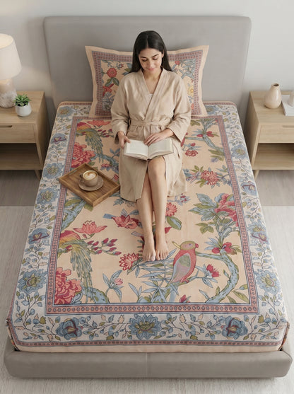 Heritage 144 TC 100% Cotton Single Size Floral Bedsheet (90 x 60 Inches) | Beige
