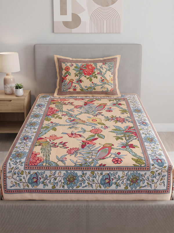 Heritage 144 TC 100% Cotton Single Size Floral Bedsheet (90 x 60 Inches) | Beige