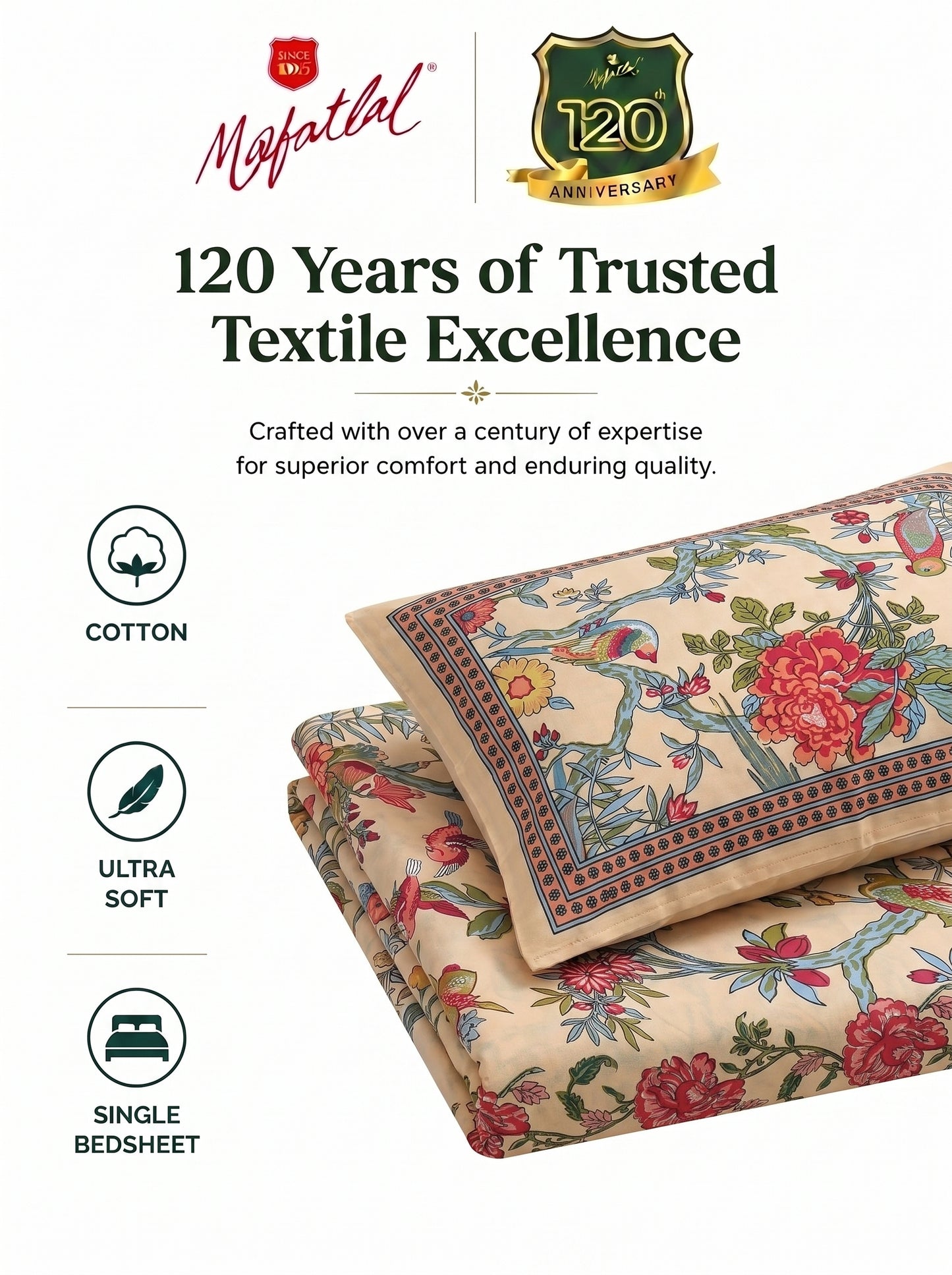 Heritage 144 TC 100% Cotton Single Size Floral Bedsheet (90 x 60 Inches) | Beige