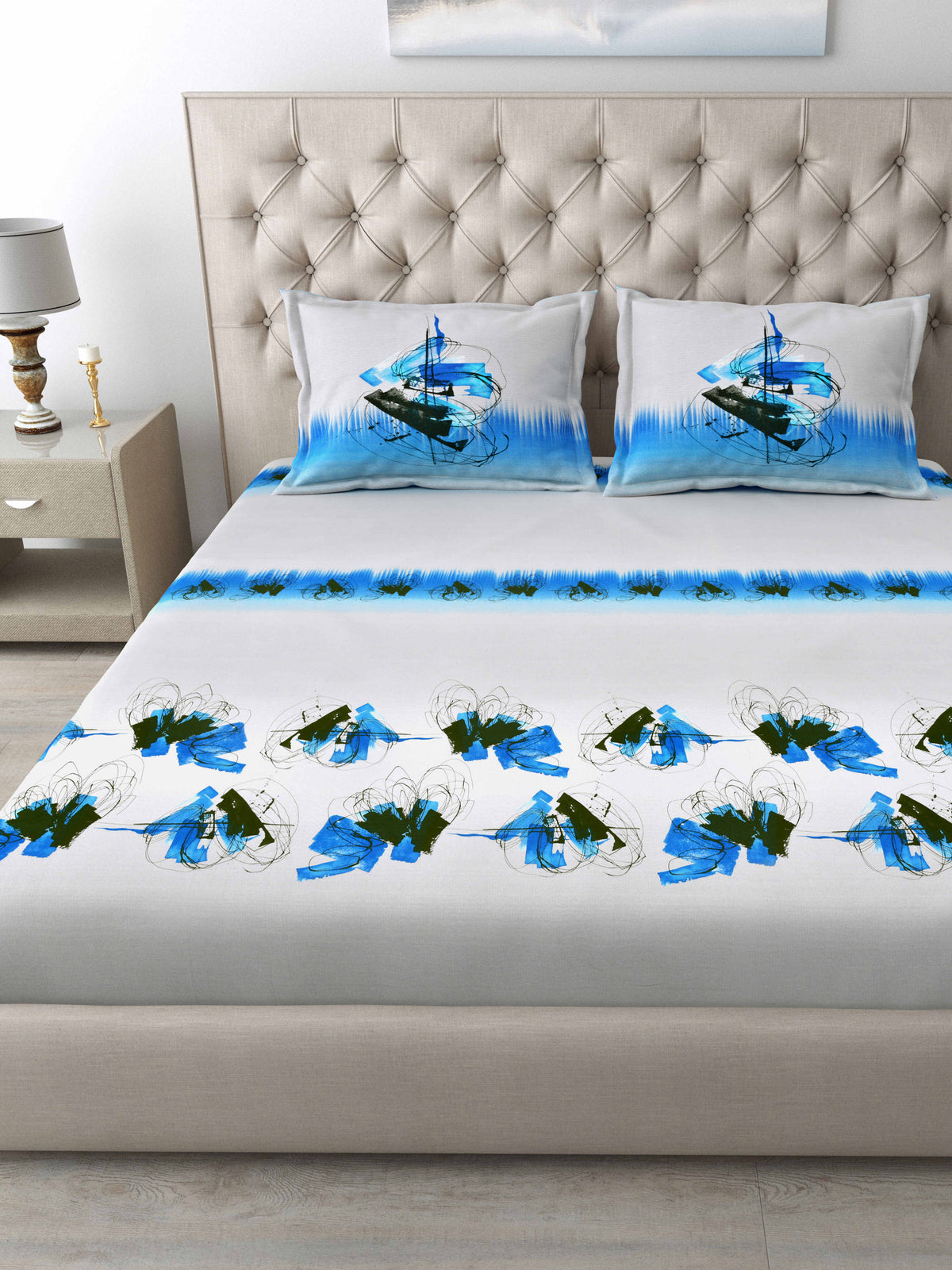 Mafatlal 186 TC Autumn Delight Cotton King Bedsheet | 108x108 Inches | Blue Fish