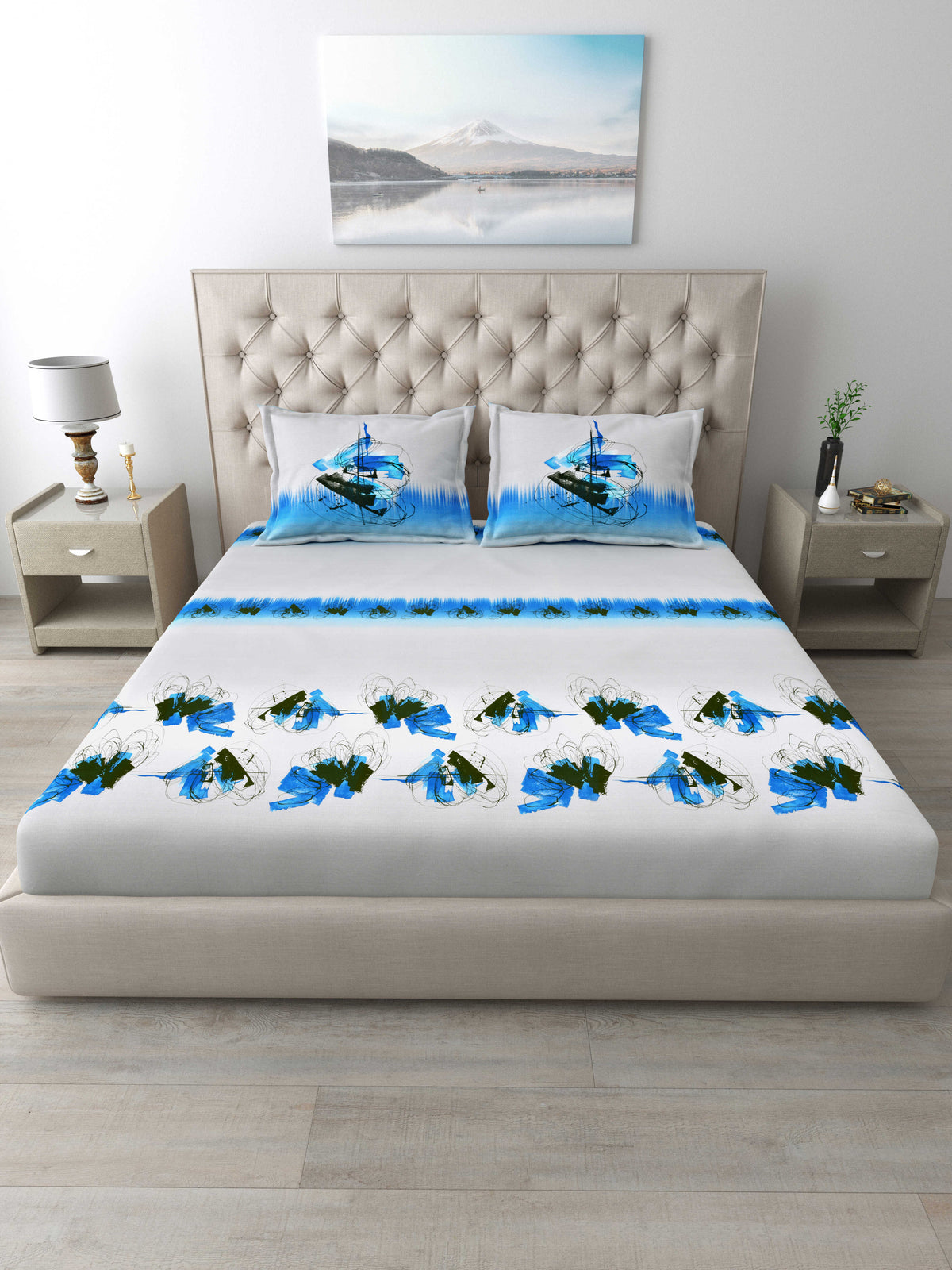 Mafatlal 186 TC Autumn Delight Cotton King Bedsheet | 108x108 Inches | Blue Fish