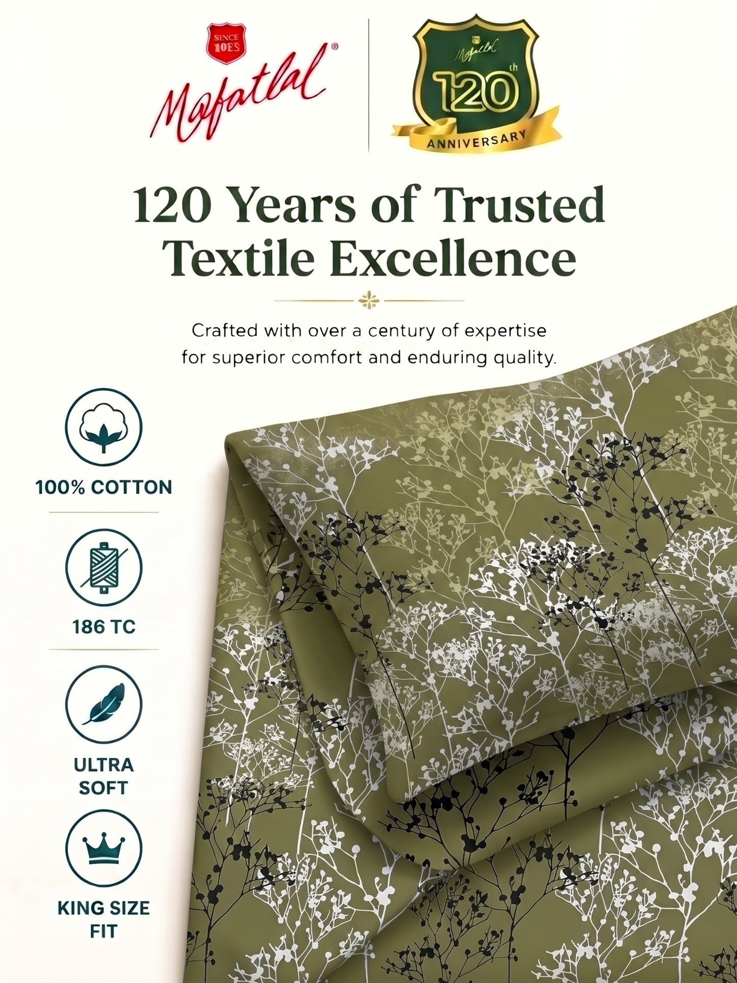 186 TC 100 % Cotton Bedsheet King Size | 108 x 108 Inches