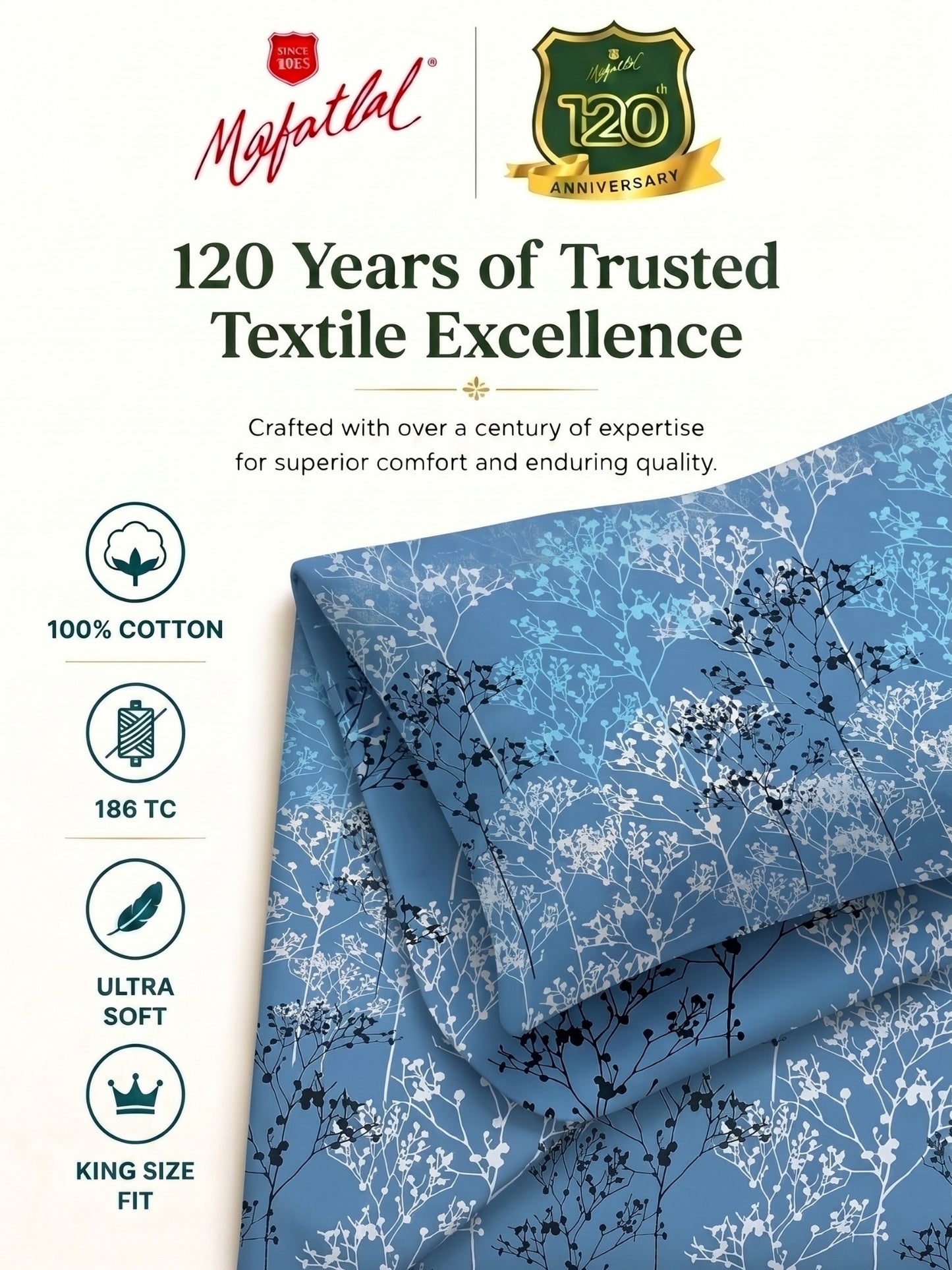 186 TC 100 % Cotton Bedsheet King Size | 108 x 108 Inches