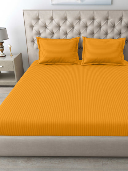 Italian Stripe King Size Bedsheet with 2 Pillow Covers | 210 TC Pure Cotton | Yellow