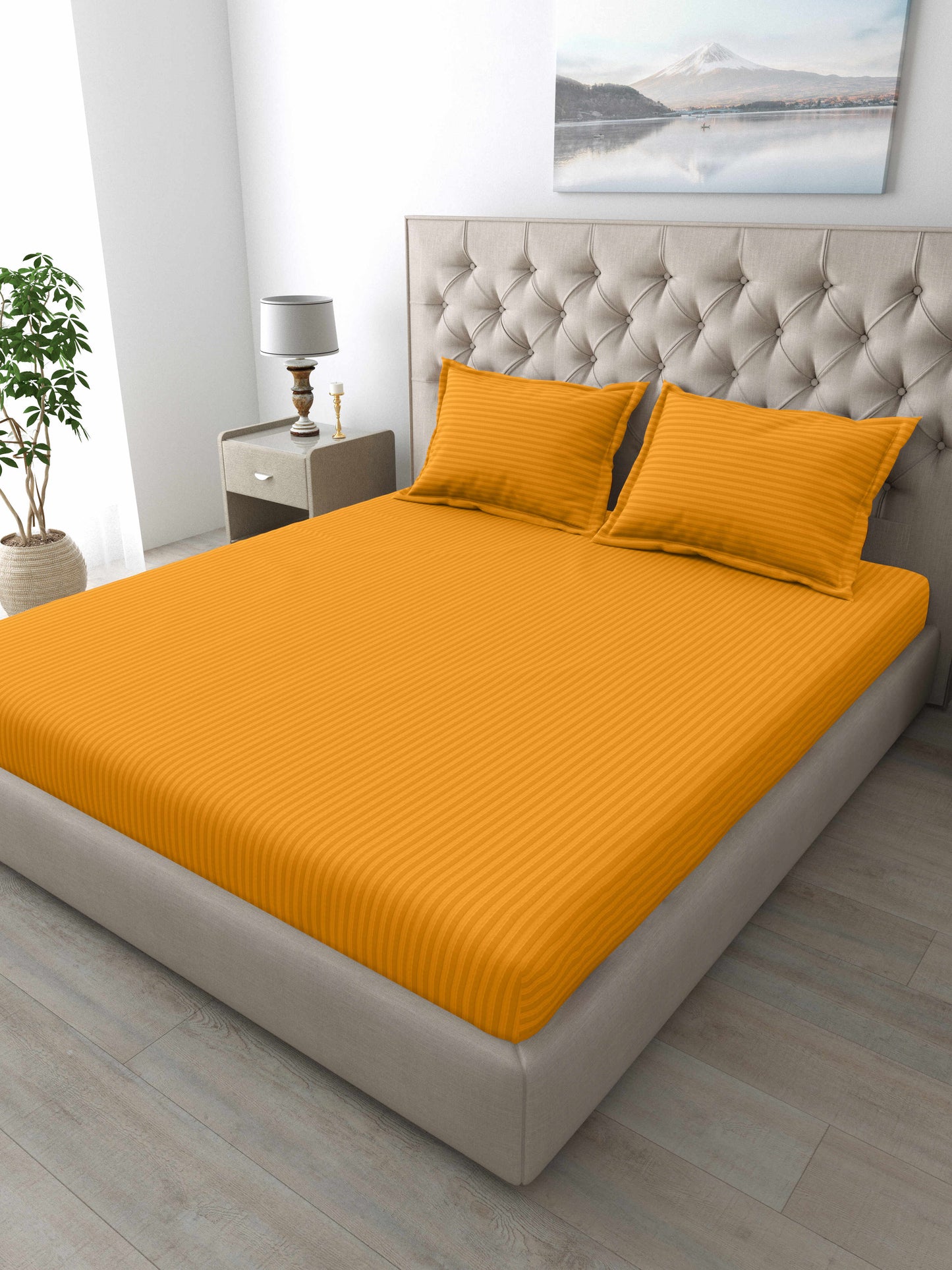 Italian Stripe King Size Bedsheet with 2 Pillow Covers | 210 TC Pure Cotton | Yellow