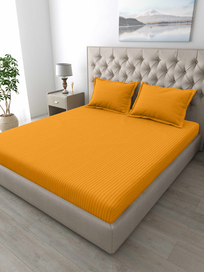 Italian Stripe King Size Bedsheet with 2 Pillow Covers | 210 TC Pure Cotton | Yellow