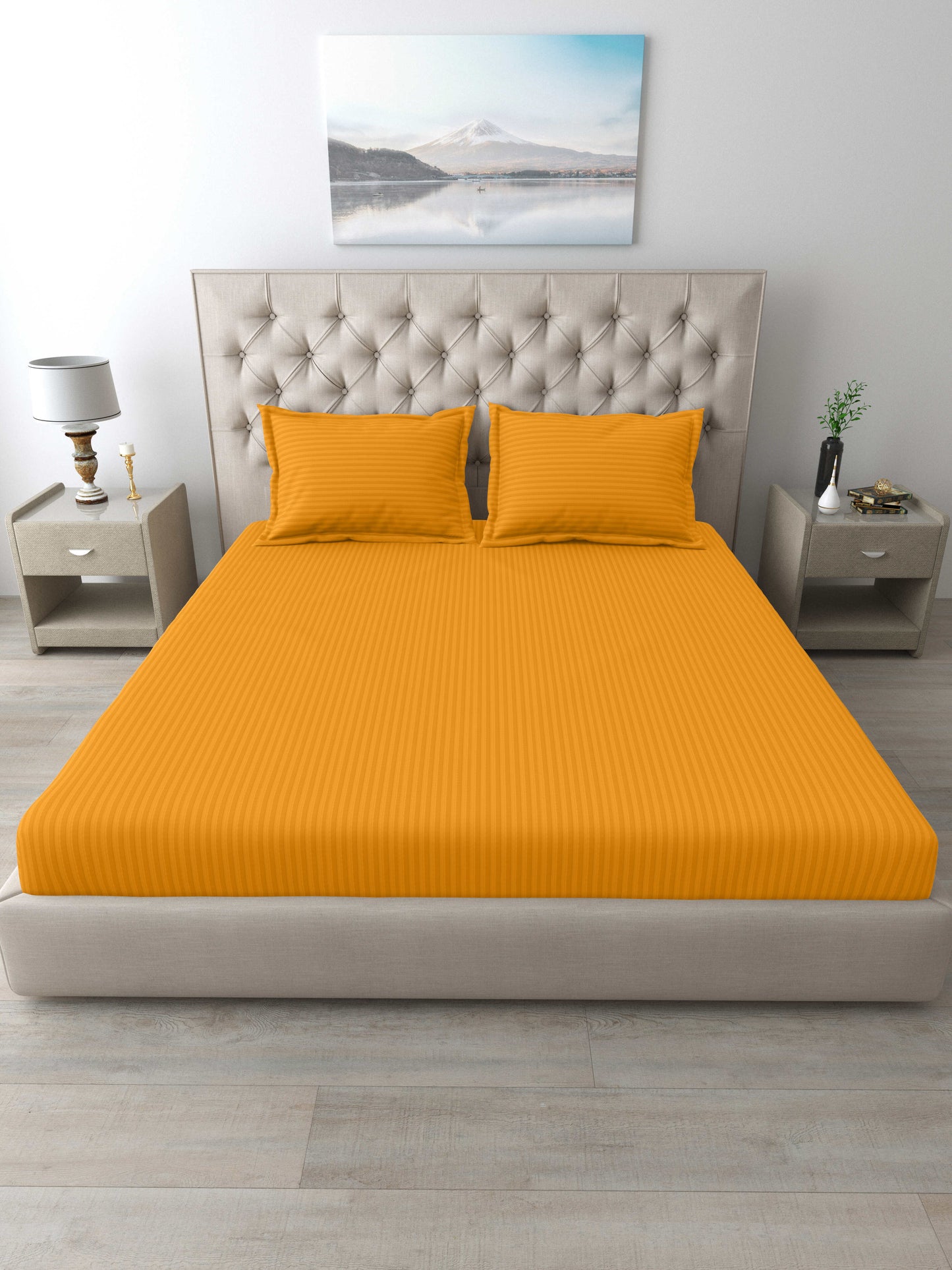 Italian Stripe King Size Bedsheet with 2 Pillow Covers | 210 TC Pure Cotton | Yellow