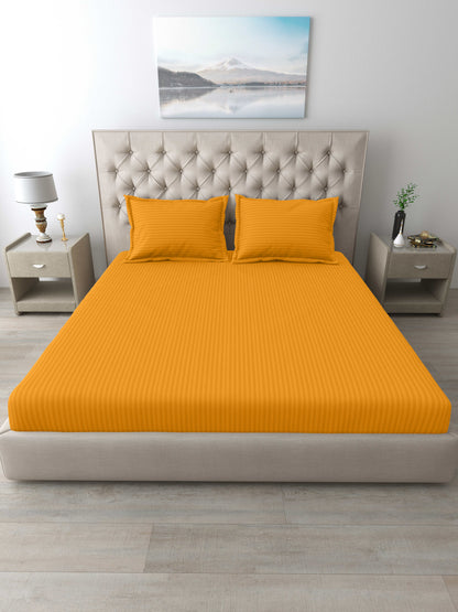 Italian Stripe King Size Bedsheet with 2 Pillow Covers | 210 TC Pure Cotton | Yellow