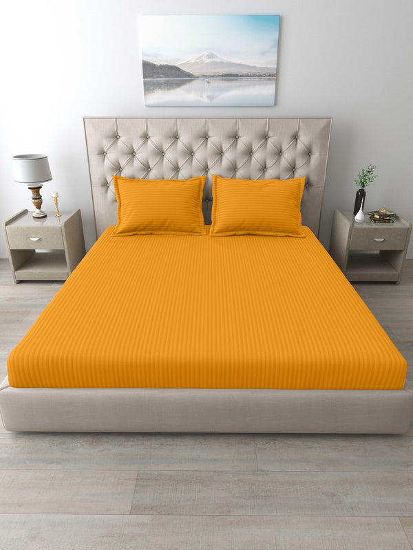 Italian Stripe King Size Bedsheet with 2 Pillow Covers | 210 TC Pure Cotton | Yellow