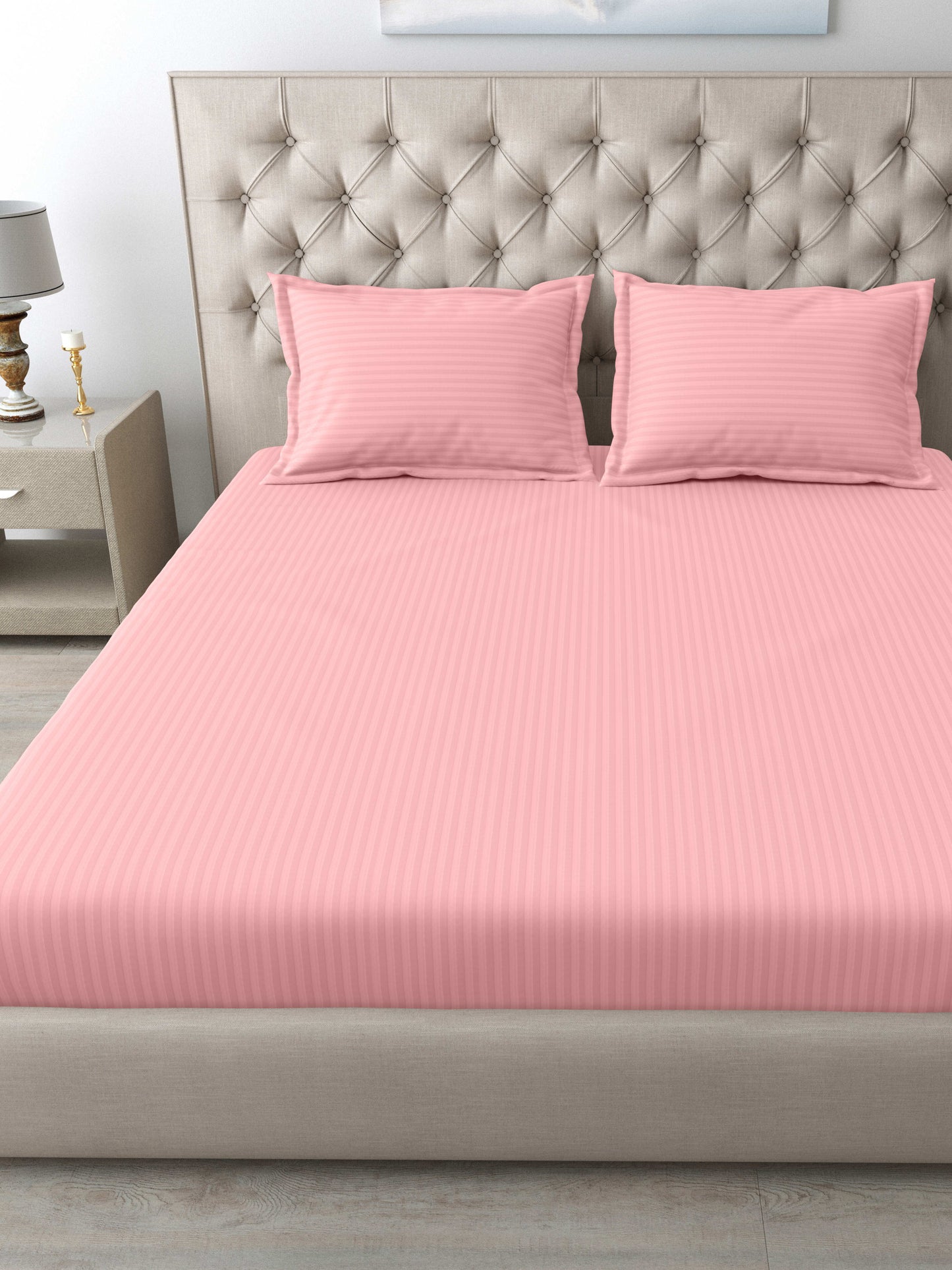 Italian Stripe King Size Bedsheet with 2 Pillow Covers | 210 TC Pure Cotton | Light Pink