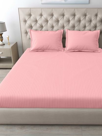Italian Stripe King Size Bedsheet with 2 Pillow Covers | 210 TC Pure Cotton | Light Pink