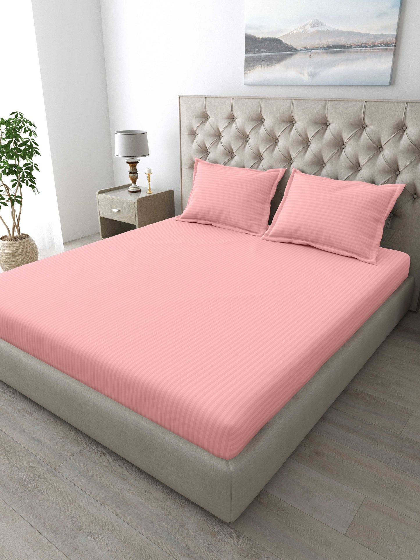 Italian Stripe King Size Bedsheet with 2 Pillow Covers | 210 TC Pure Cotton | Light Pink