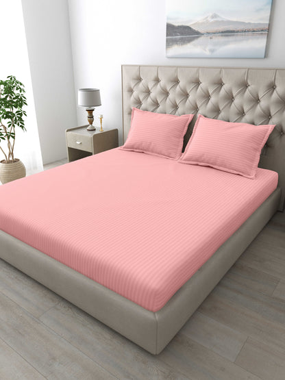 Italian Stripe King Size Bedsheet with 2 Pillow Covers | 210 TC Pure Cotton | Light Pink