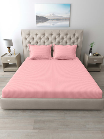 Italian Stripe King Size Bedsheet with 2 Pillow Covers | 210 TC Pure Cotton | Light Pink