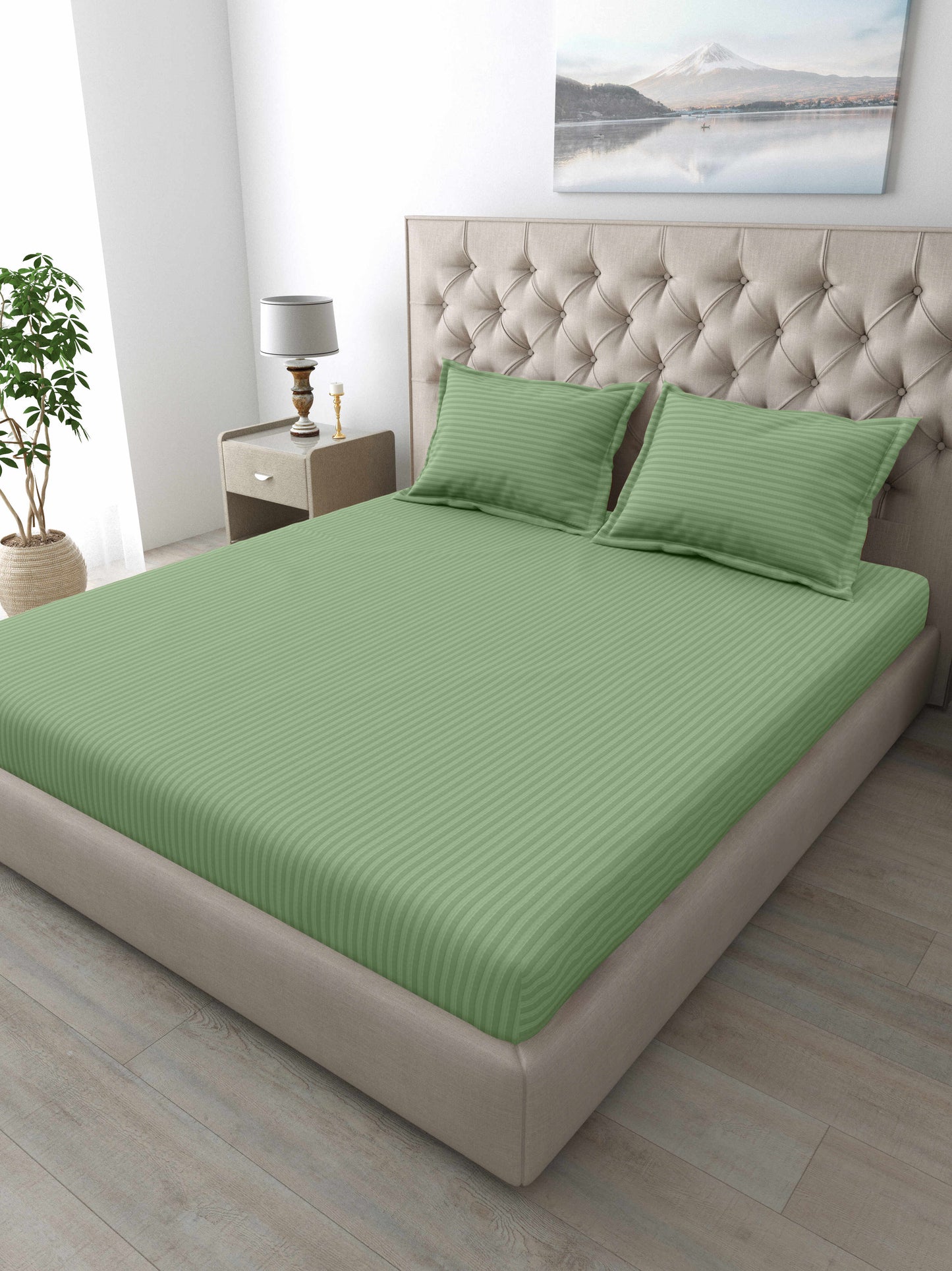 Italian Stripe King Size Bedsheet with 2 Pillow Covers | 210 TC Pure Cotton | Green
