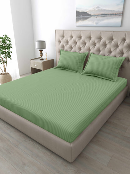 Italian Stripe King Size Bedsheet with 2 Pillow Covers | 210 TC Pure Cotton | Green