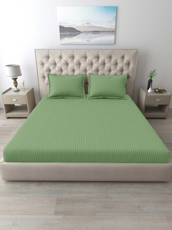 Italian Stripe King Size Bedsheet with 2 Pillow Covers | 210 TC Pure Cotton | Green