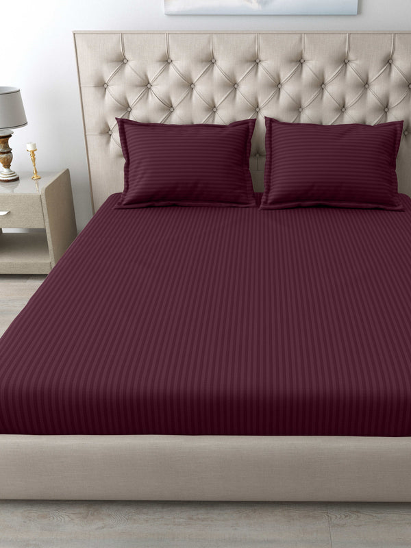 Italian Stripe King Size Bedsheet with 2 Pillow Covers | 210 TC Pure Cotton | Red