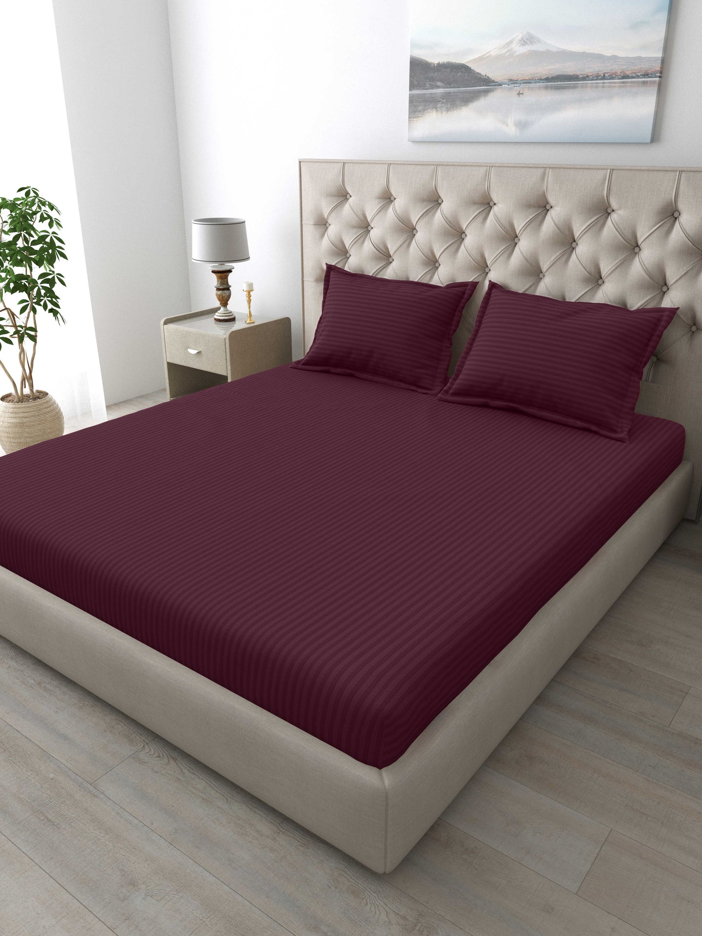 Italian Stripe King Size Bedsheet with 2 Pillow Covers | 210 TC Pure Cotton | Red