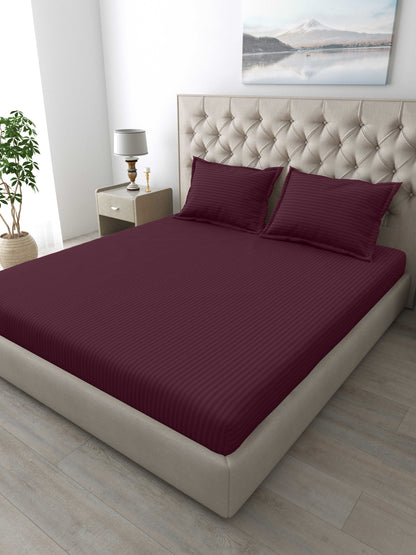 Italian Stripe King Size Bedsheet with 2 Pillow Covers | 210 TC Pure Cotton | Red