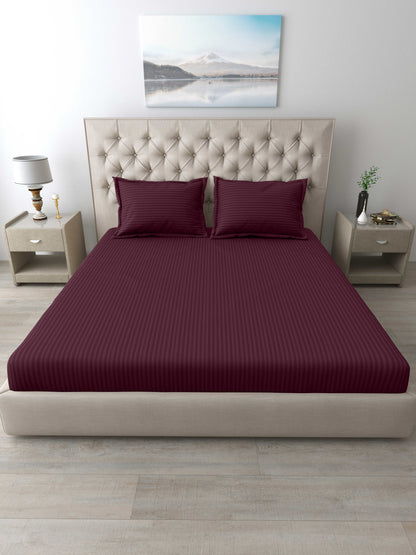 Italian Stripe King Size Bedsheet with 2 Pillow Covers | 210 TC Pure Cotton | Red