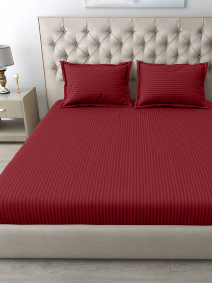 Italian Stripe King Size Bedsheet with 2 Pillow Covers | 210 TC Pure Cotton | Maroon