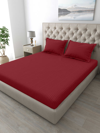 Italian Stripe King Size Bedsheet with 2 Pillow Covers | 210 TC Pure Cotton | Maroon