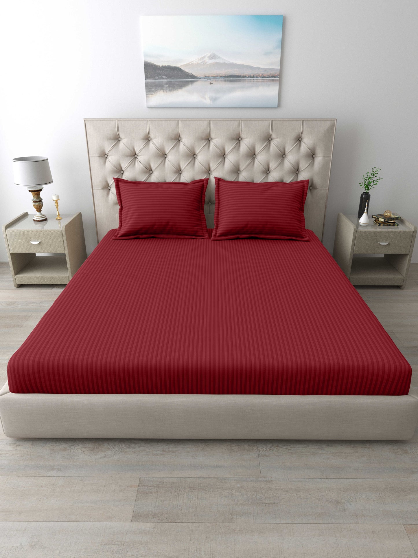Italian Stripe King Size Bedsheet with 2 Pillow Covers | 210 TC Pure Cotton | Maroon