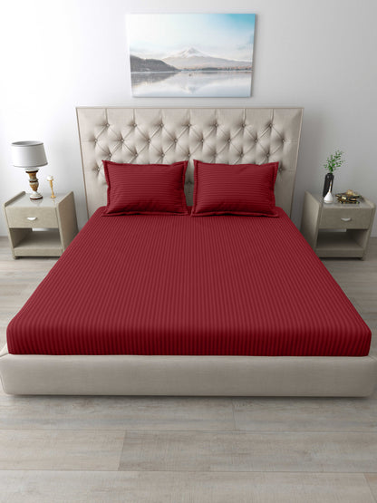 Italian Stripe King Size Bedsheet with 2 Pillow Covers | 210 TC Pure Cotton | Maroon