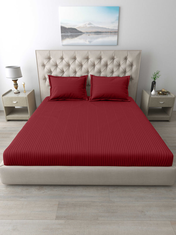 Italian Stripe King Size Bedsheet with 2 Pillow Covers | 210 TC Pure Cotton | Maroon